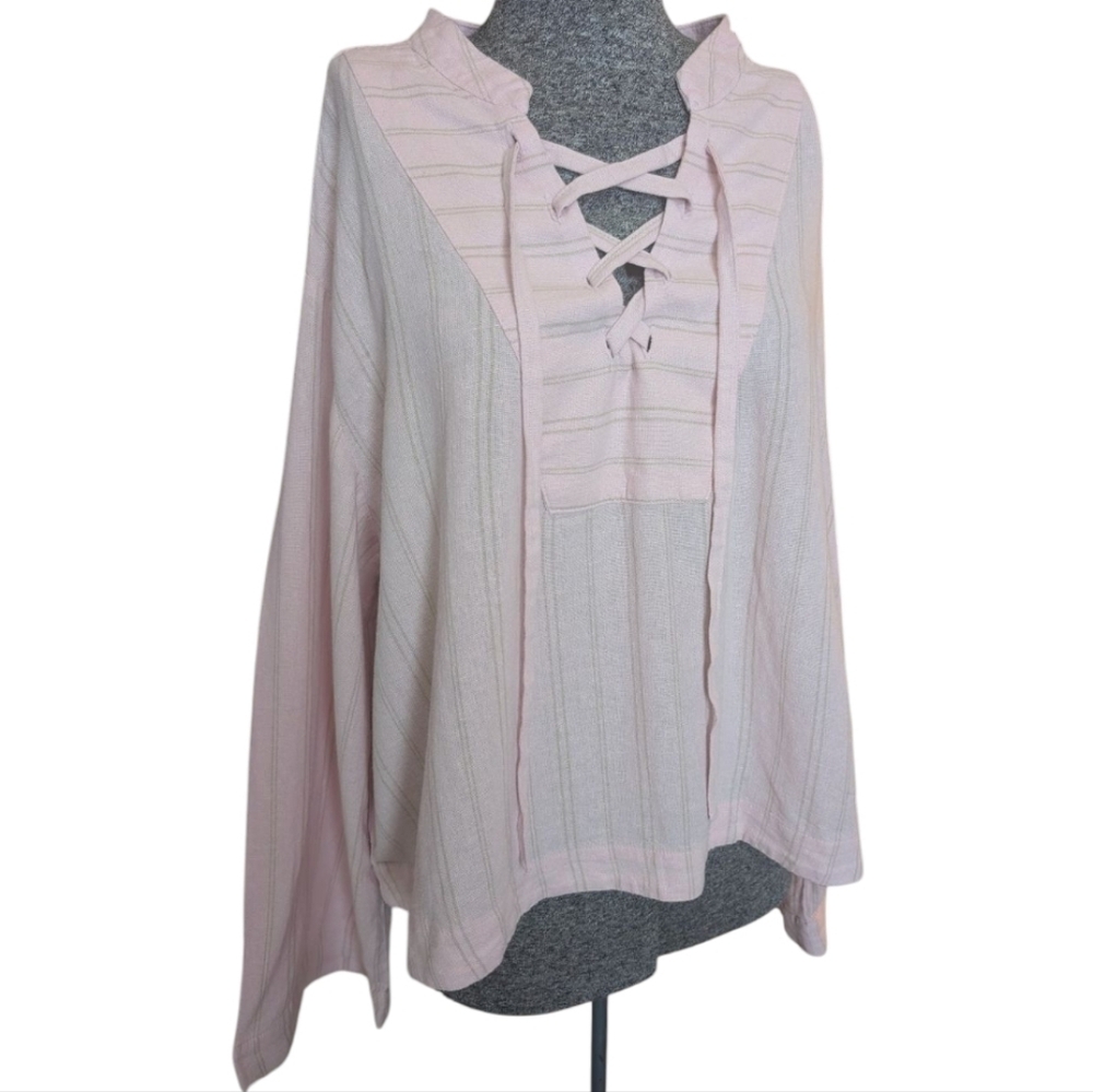 NWT Universal Thread Pink Striped Linen Blend Lace-Up Blouse M